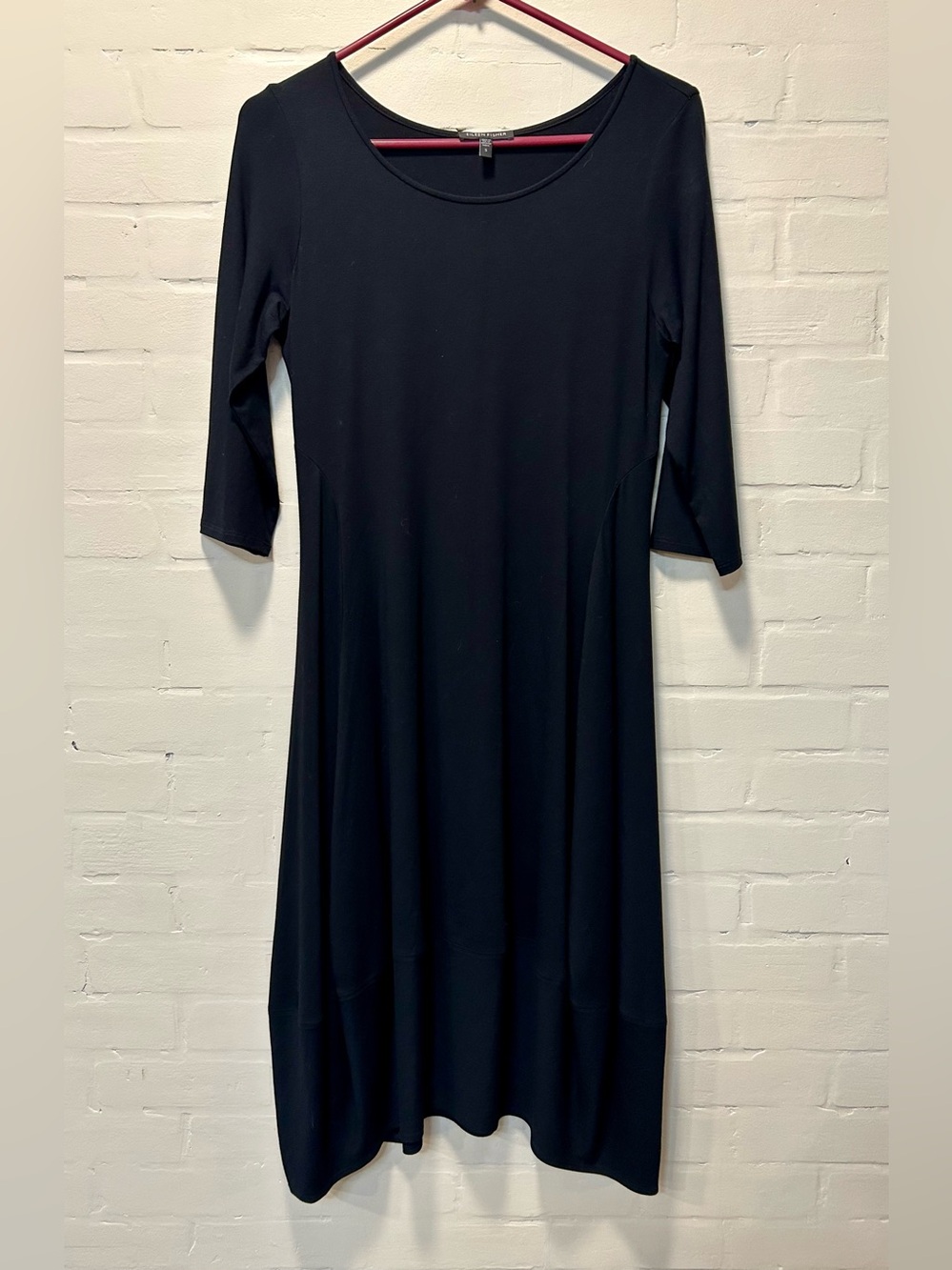 Eileen Fisher Black Jersey Knit Lantern Dress 3/4 Sleeve Scoop Neck Small